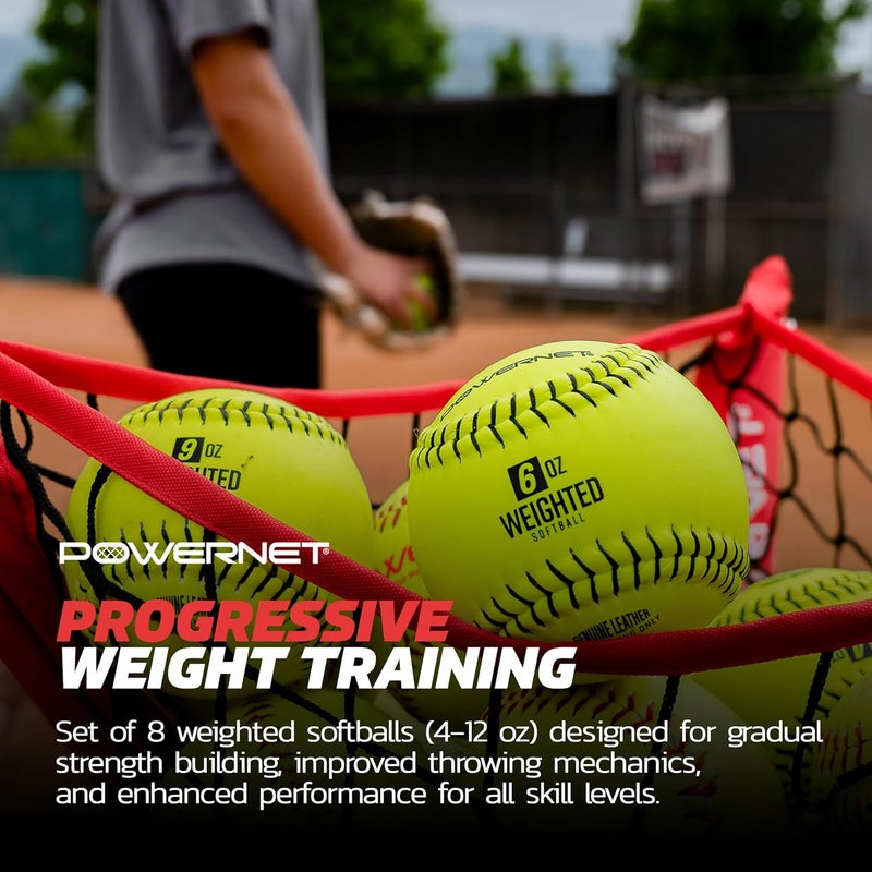 PowerNet Weighted Softballs, Official 12 Inch Size, Progressive Weighted Balls for Softball Training, Improve Throwing Mechanics, 8 Different Weights Included, 4 to 12 oz - Image 5